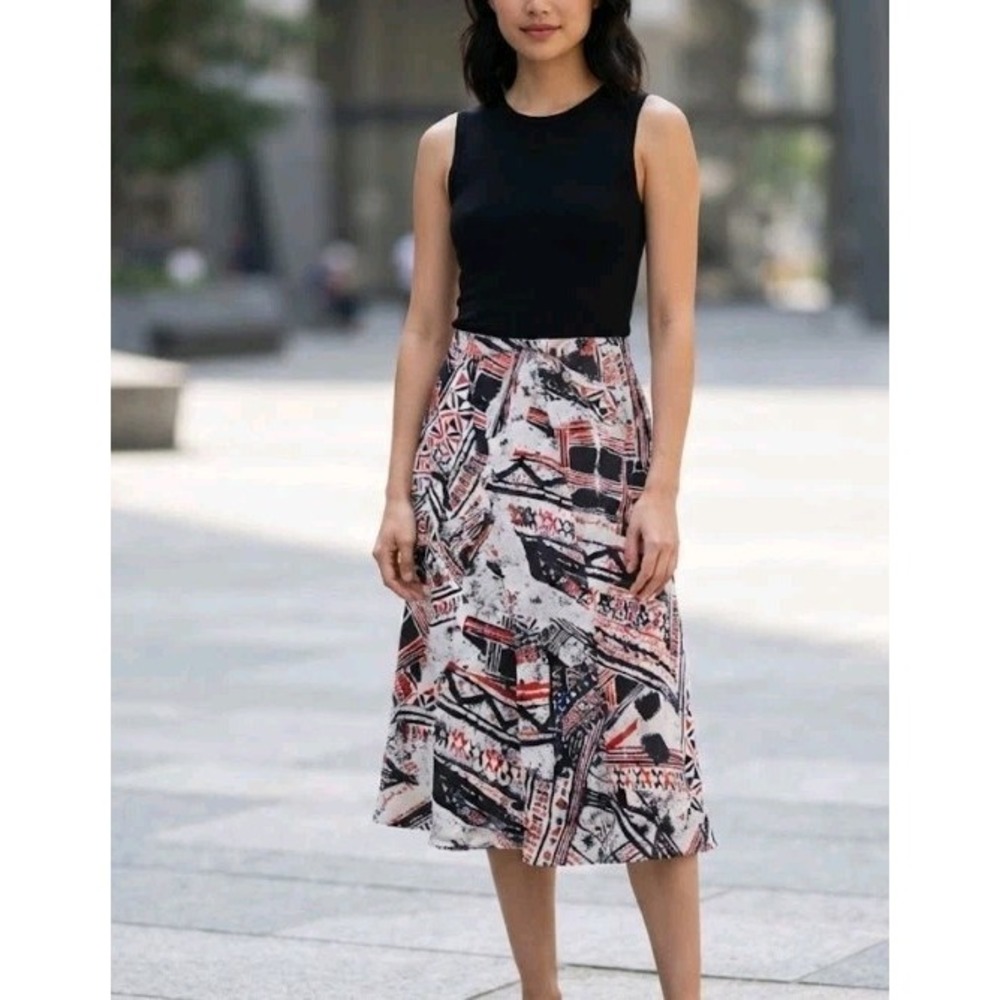 Jones New York Skirt Womens 6P Silk Cotton Geometric Print Midi Lined